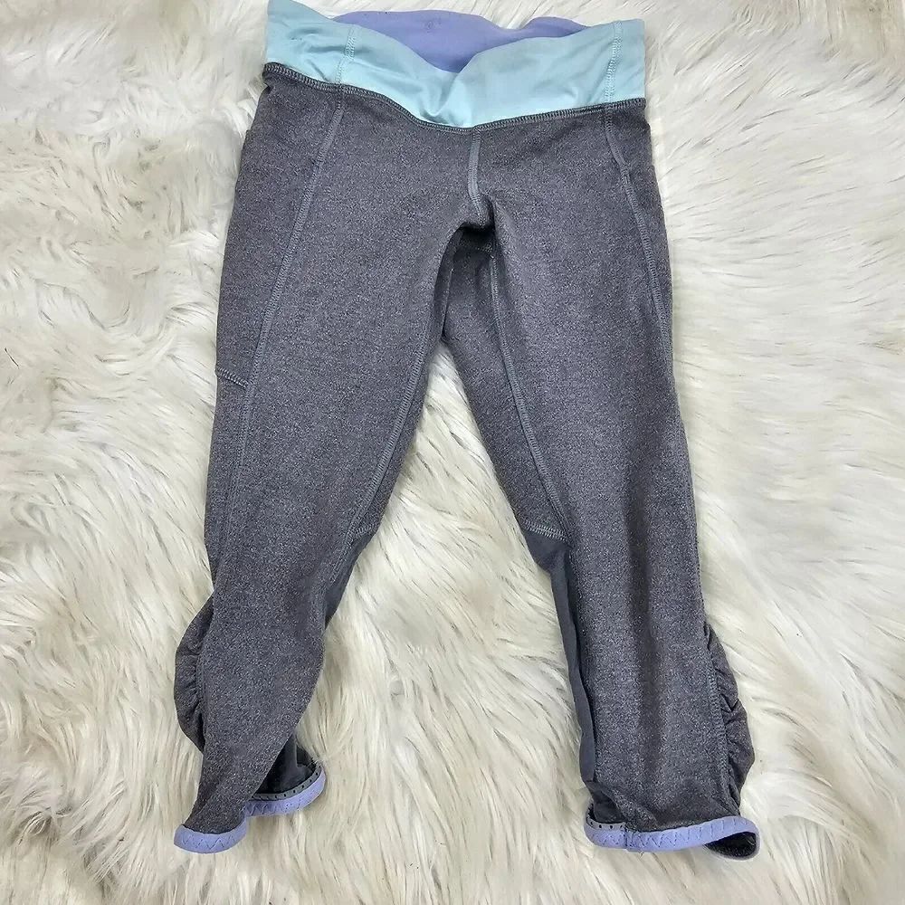 Lululemon Ivivva Girls Cropped Ruched Leggings Gray Mint Lilac Gym Size 7 capri